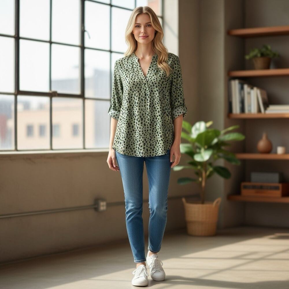 Woman’s Lush Sz S Green Cheetah Print Blouse